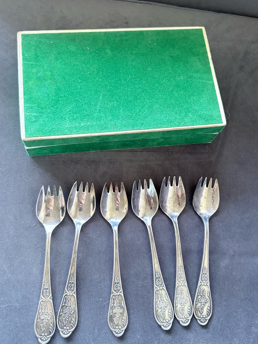 Vintage USSR 1970 Silver-Plated Fruit Fork Set with Green Presentation Box